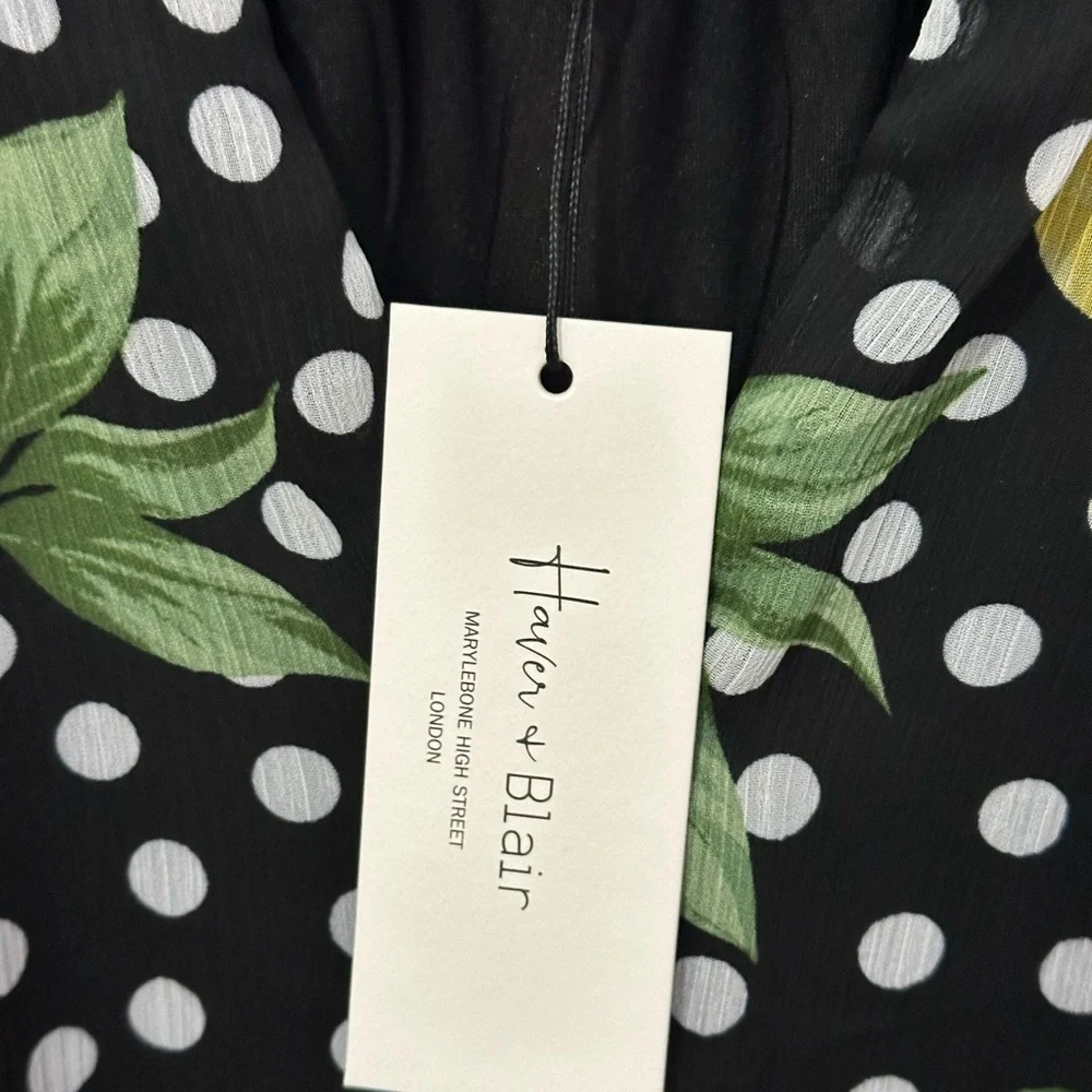 Haver & Blair Tie Front Ruffle Sleeve Lemon Floral Blouse Small NWT - Picture 7 of 11